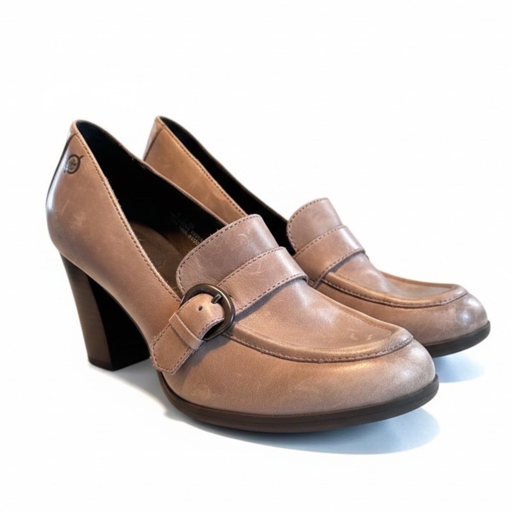 Born Heeled Loafers 8 Taupe Brown Leather Buckle Block Heel Dark Academia